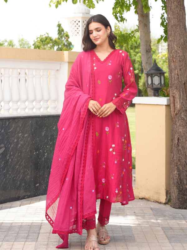 Dark Pink Chanderi Floral Embroidered Kurta Set