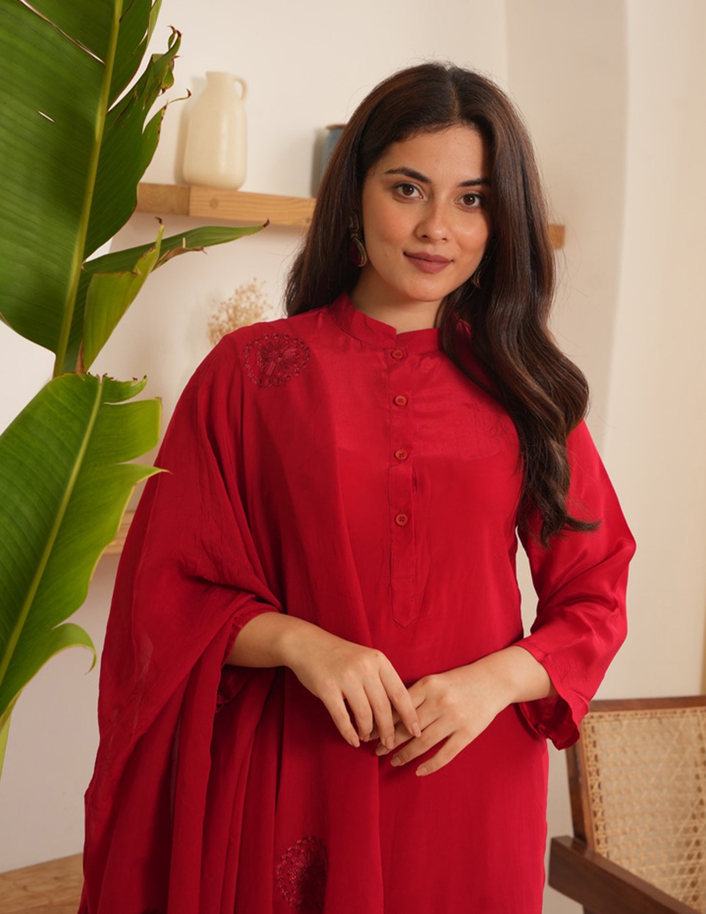 Marley Red Silk Straight Suit Set