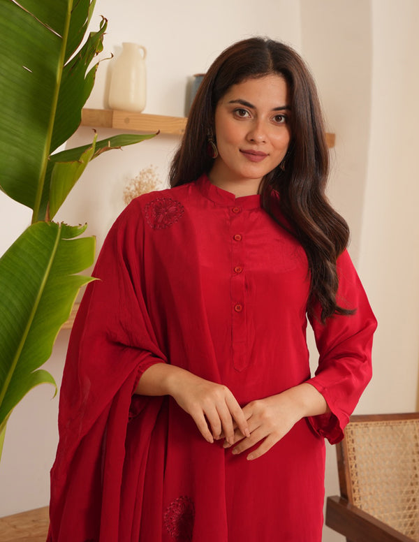 Marley Red Silk Straight Suit Set