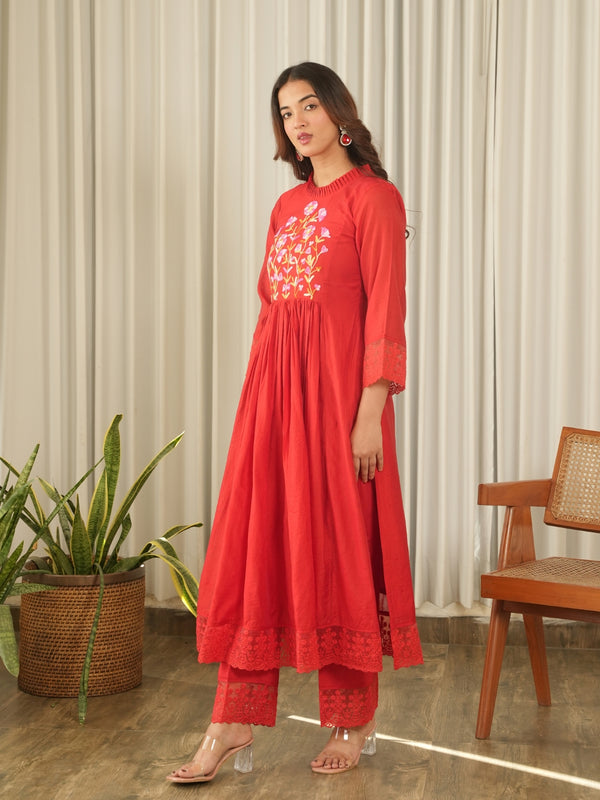 Crimson Red Aari Embroidered Chanderi Suit Set