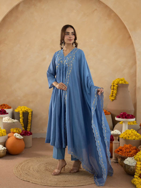 Dusty Blue Chanderi Zari Embroidered Gathered  Kurta Set