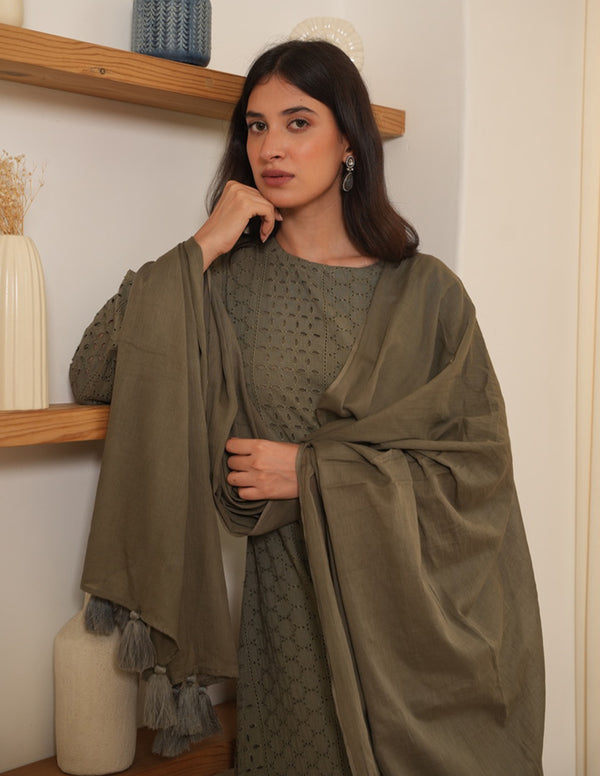 Sage Olive Schiffli  Straight Suit Set