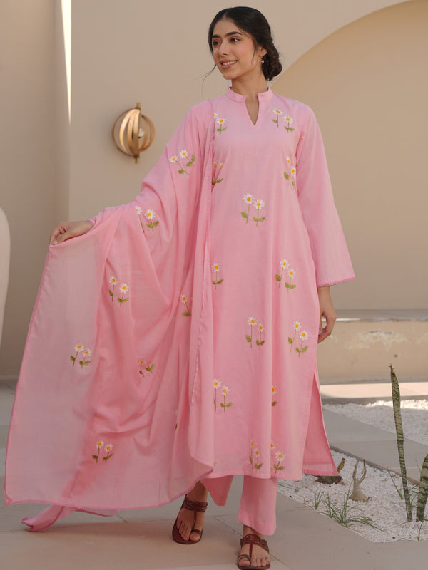 PEONY PINK COTTON FLORAL EMBROIDERED SUIT SET
