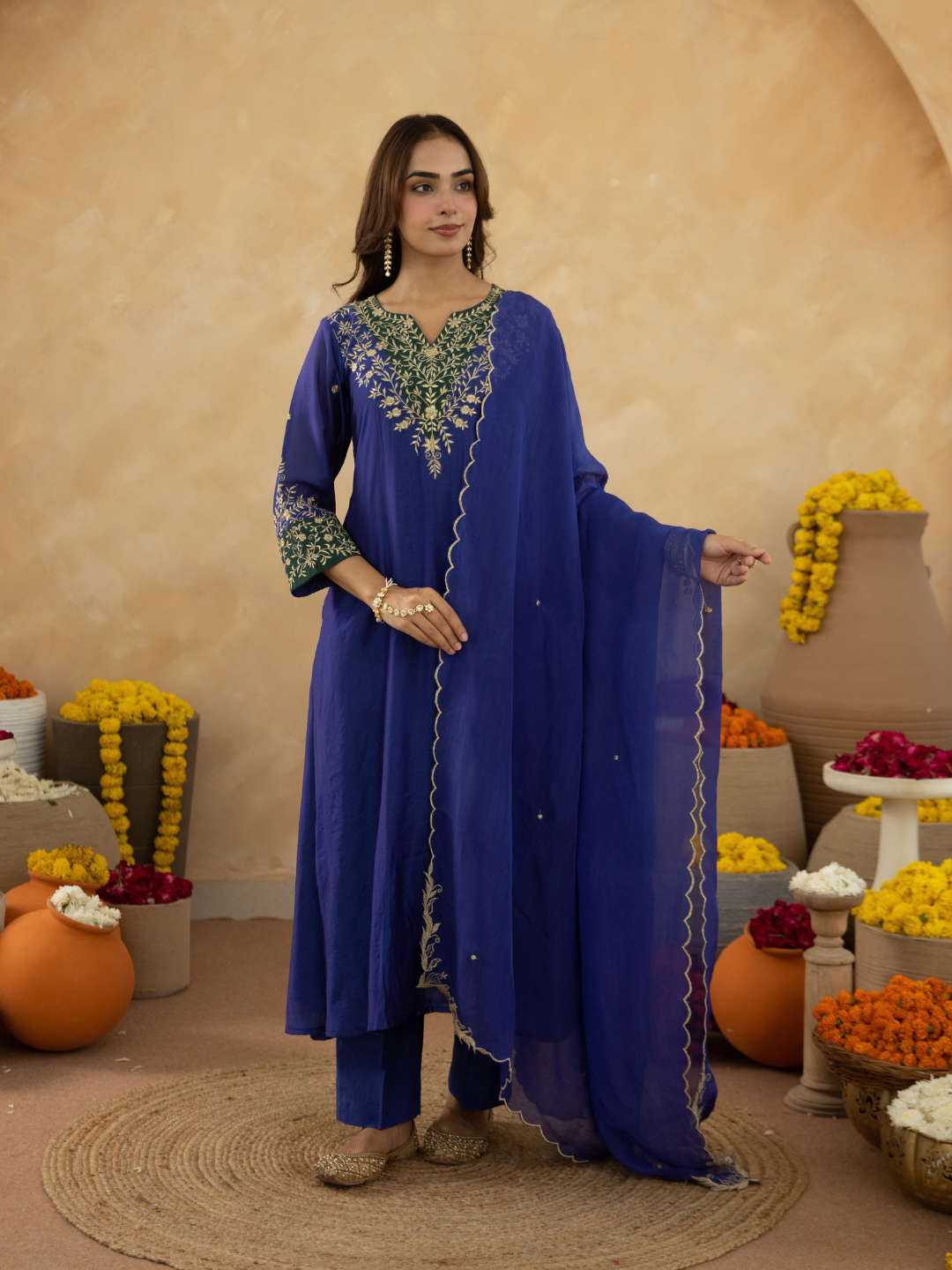 Royal Blue Zari Embroidered A-Line kurta with Dupatta