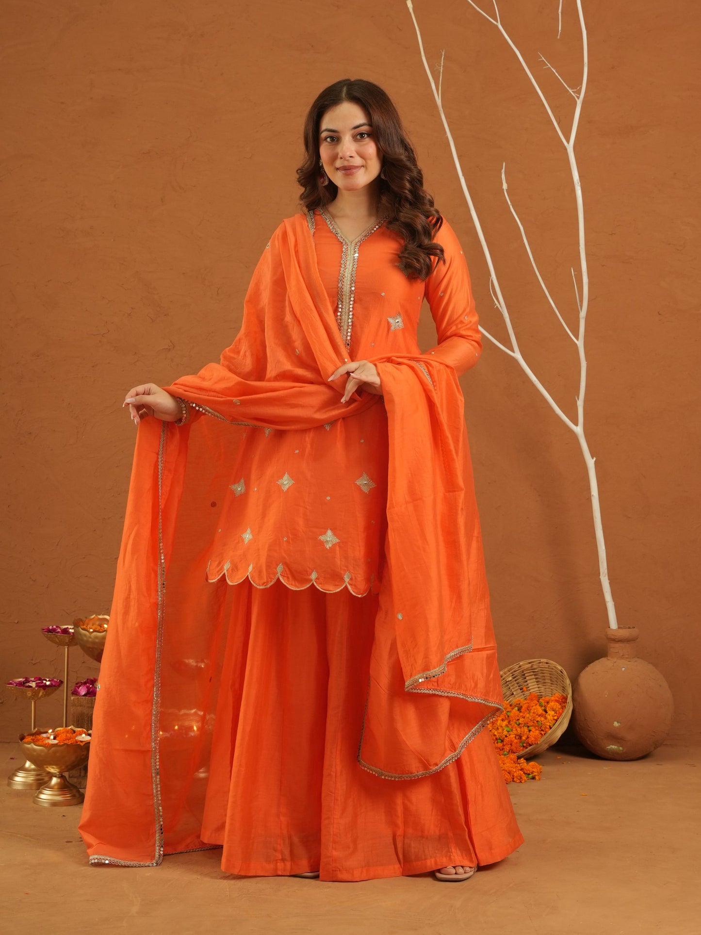 Adaayein Orange Chanderi Zari Sharara Set