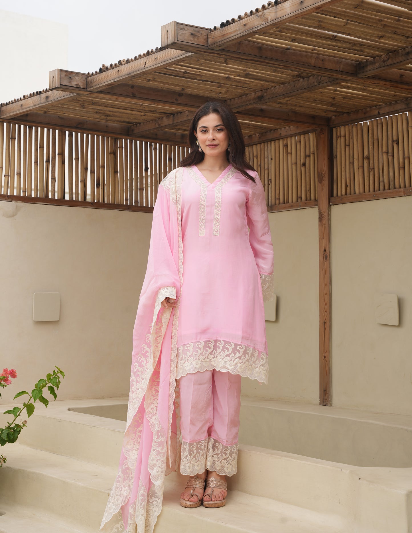 Ella Baby Pink Silk Straight Suit Set