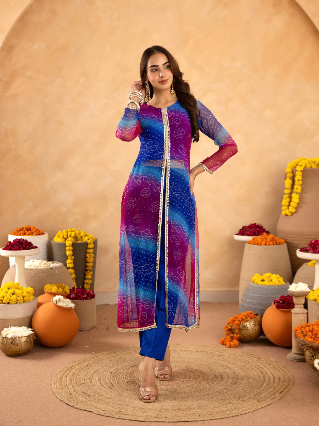 Blue Pink Chiffon Bandhej Mirrorwork Straight Kurta