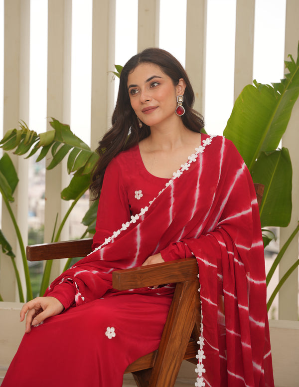 Red Silk Embroidered Leheriya Suit Set