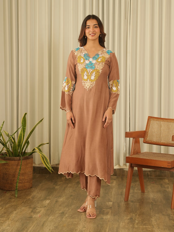 Mocha Brown Muslin Kurta Set with Pants