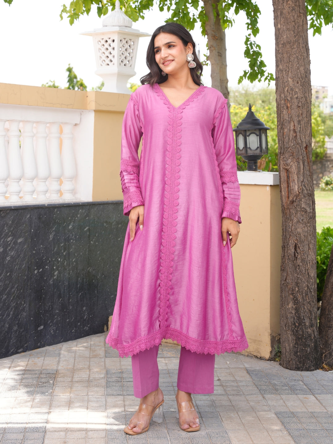 Purple Chanderi Lace Work Kurta Set