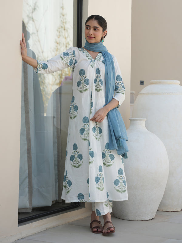 TUDOR WHITE COTTON BLOCK PRINT SUIT SET