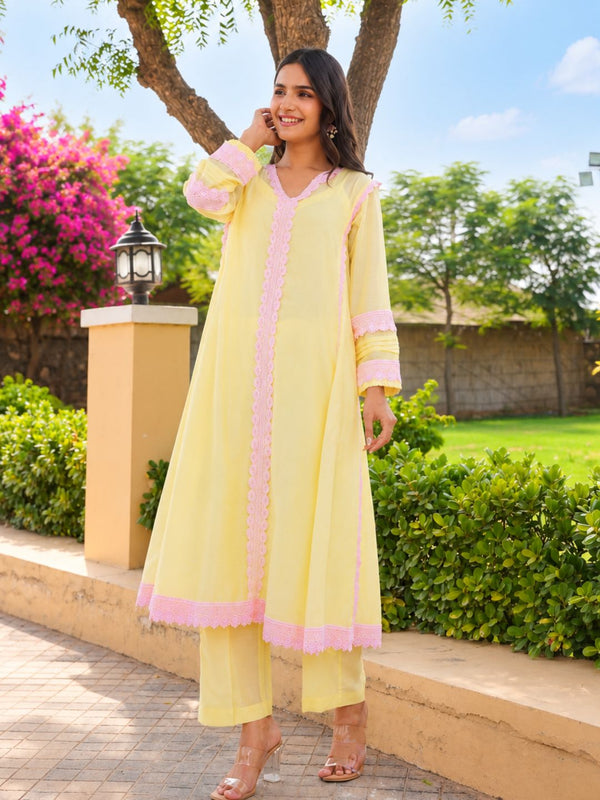 Pastel Yellow Chanderi Lace Work Kurta Set