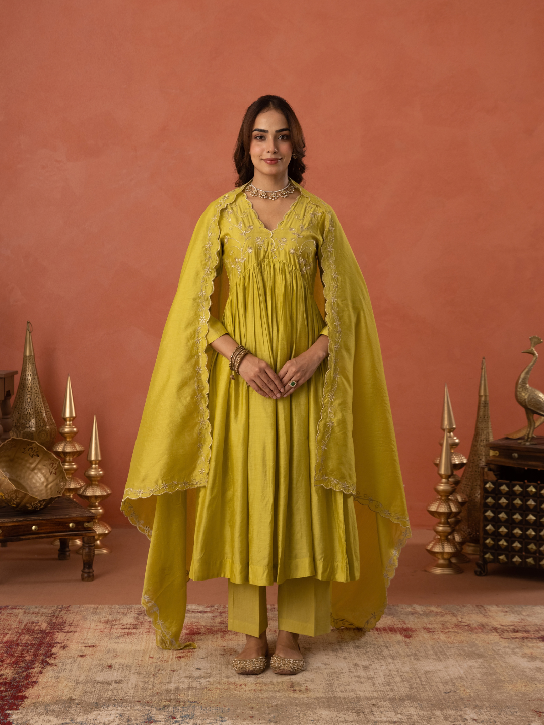 Mustard Yellow Chanderi Zari Embroidered Gathered  Kurta Set