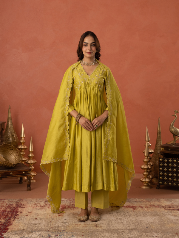 Mustard Yellow Chanderi Zari Embroidered Gathered  Kurta Set