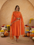 Orange Chanderi Anarkali with Aari Work & Sequin Embellished  Dupatta