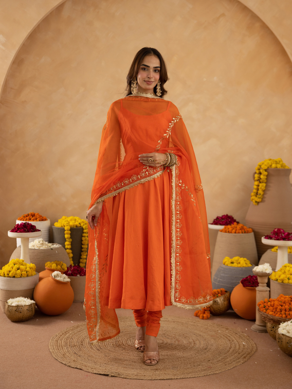Orange Chanderi Anarkali with Aari Work & Sequin Embellished  Dupatta
