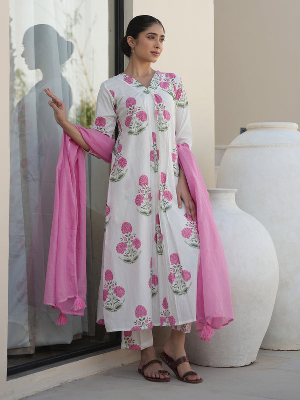 HIBISCUS WHITE COTTON BLOCK PRINT SUIT SET