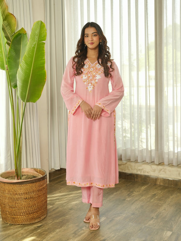 Blush Pink Floral Embroidered Muslin Kurta Set with Pants