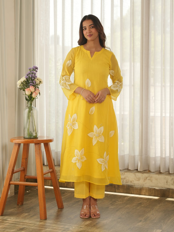 Lemon Yellow Hand Paint Soft Organza Suit Set