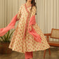 Beige Floral Angrakha Screen Print Kurta Set with Pant & Dupatta