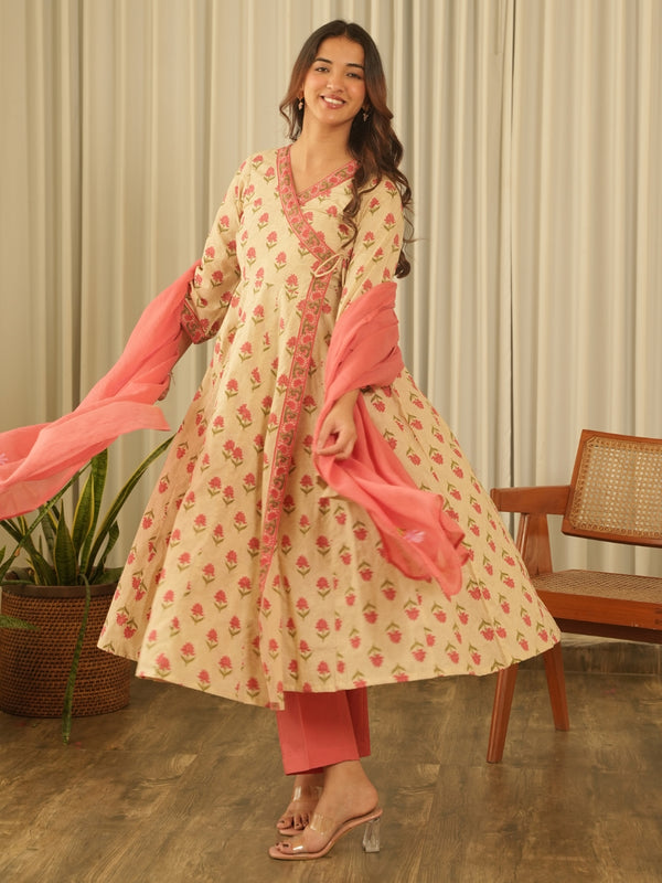 Beige Floral Angrakha Screen Print Kurta Set with Pant & Dupatta
