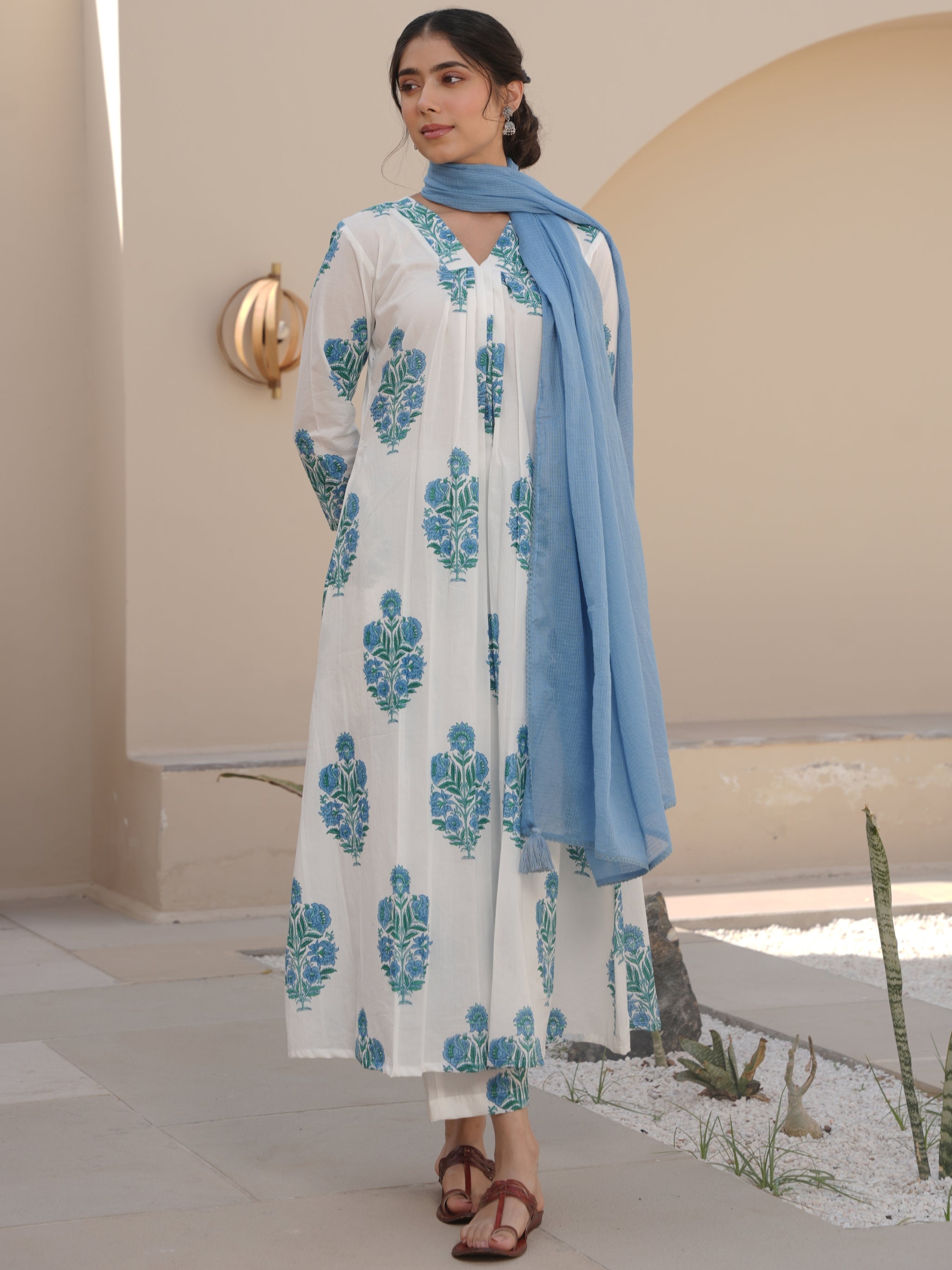WHITE COTTON BLOCK PRINT UN-STITCHED SUIT SET
