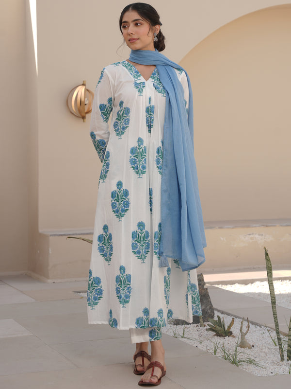 THISTLE WHITE COTTON BLOCKPRINT SUIT SET
