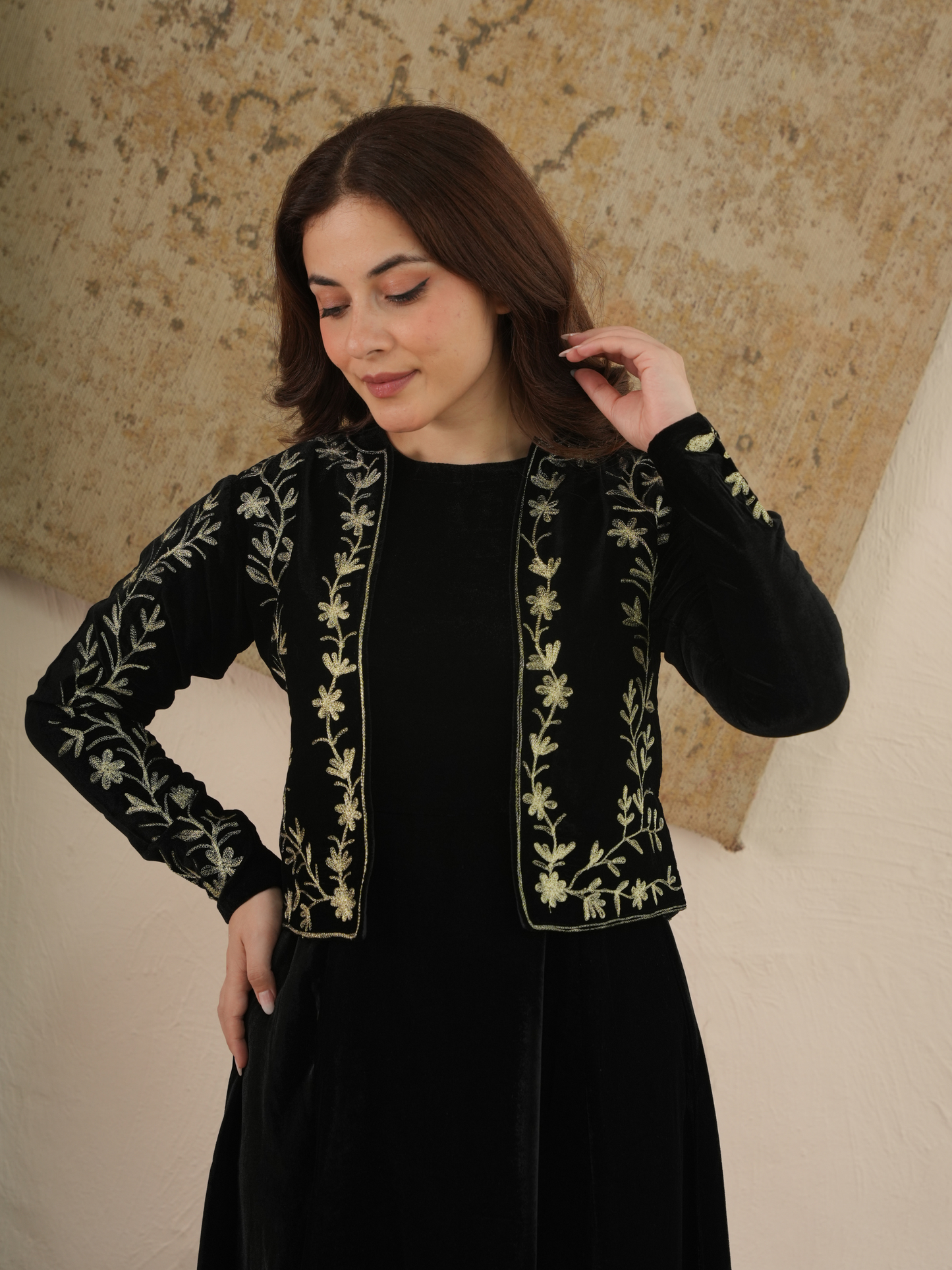 Aira Noir Velvet Embroidered Jacket Dress