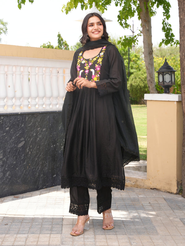 Floral Wine Black Hand Embroidery Chanderi Kurta Set