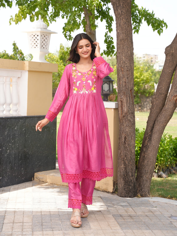 Rose Pink Floral Handwork Chanderi Kurta Set