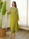 Olive Green Floral Embroidered Muslin Kurta Set with Pants