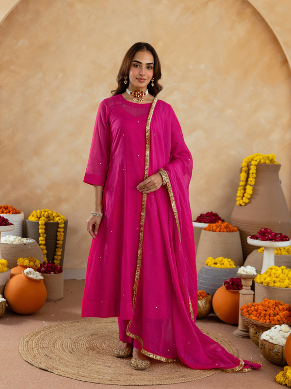 Fuchsia Pink Doria Hand Embroidered A- Line Kurta  Set