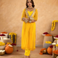 Yellow Chiffon Bandhej Mirrorwork Kurta Set