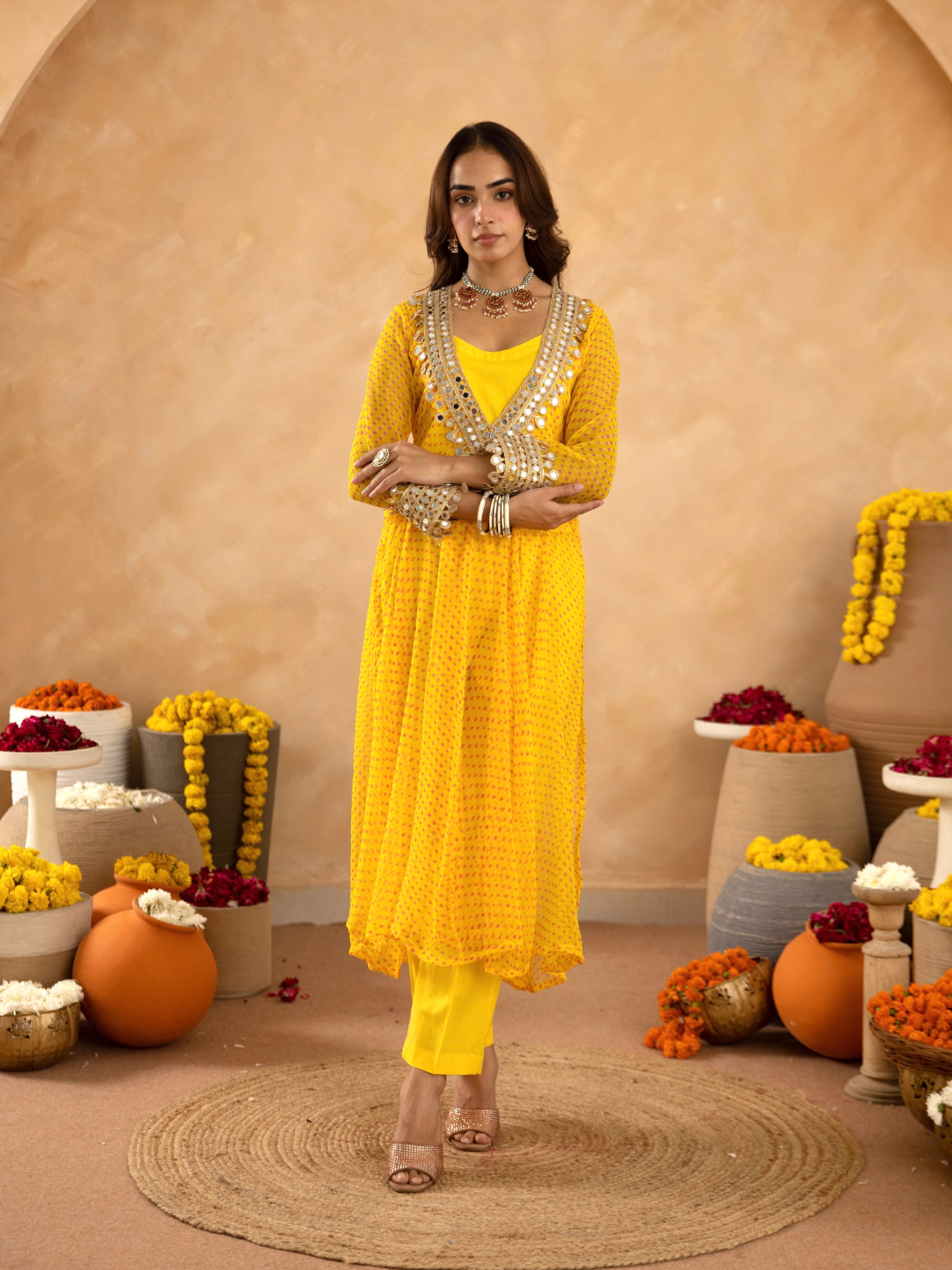 Yellow Chiffon Bandhej Mirrorwork Kurta Set