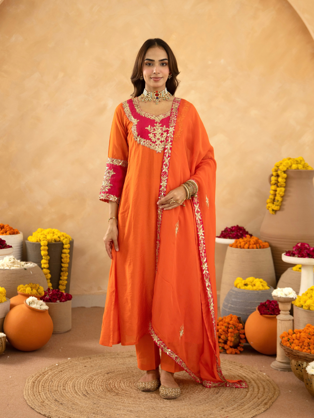 Orange Chanderi A-Line Kurta Set with Handwork Detailing &  Organza Dupatta