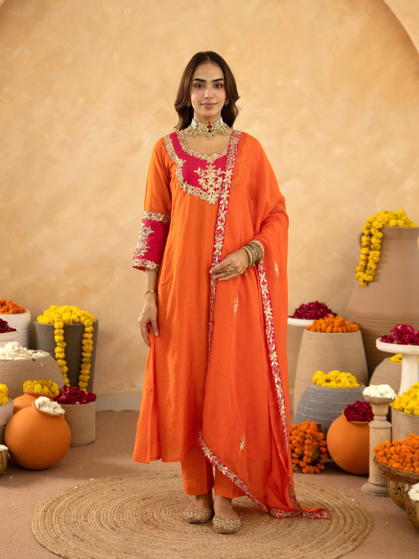 Orange Chanderi A-Line Kurta Set with Handwork Detailing &  Organza Dupatta