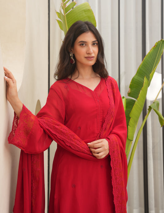 Red Organza Silk Aari Embroidered Suit Set