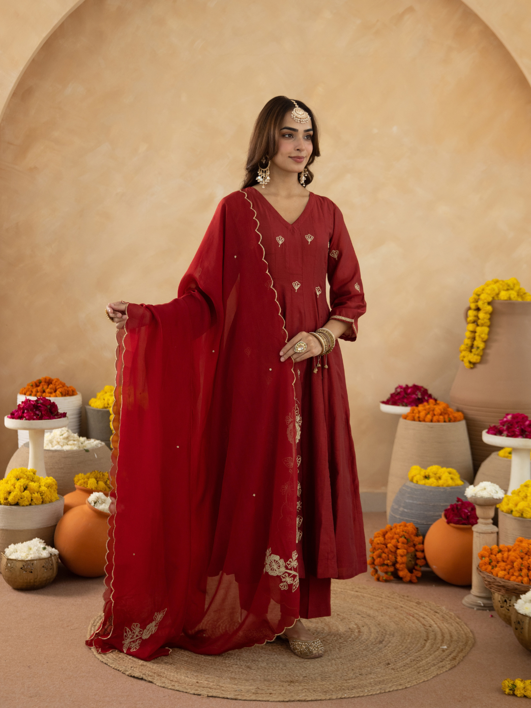 Maroon Floral Aari Embroidered Anarkali Set