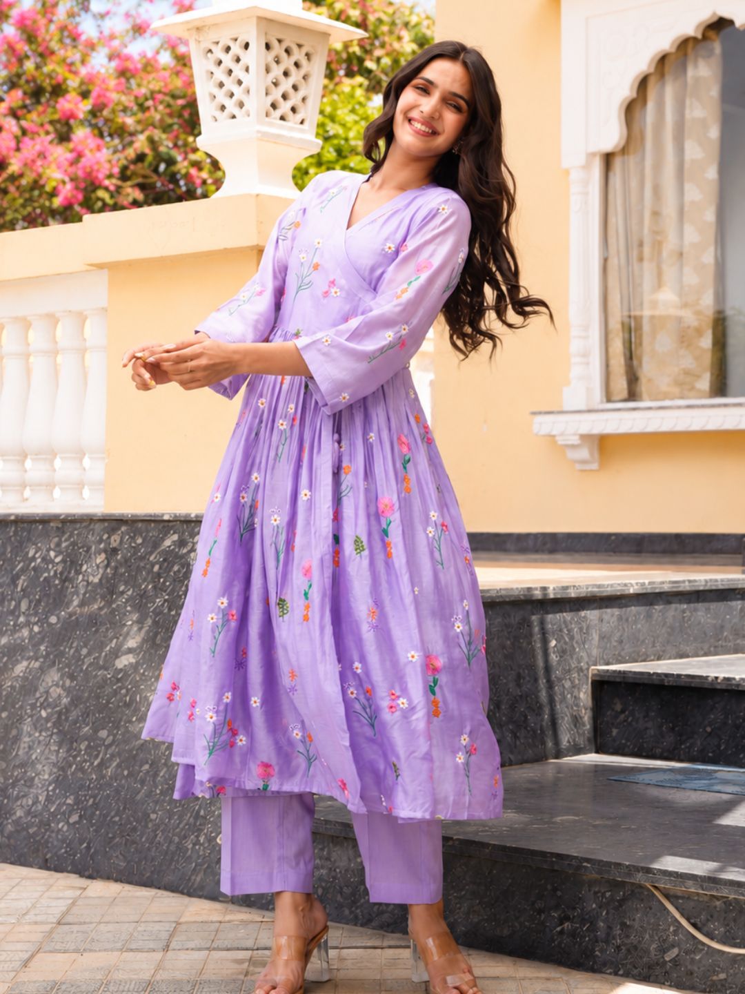 Lavender Daisy Chanderi Angrakha Kurta Set