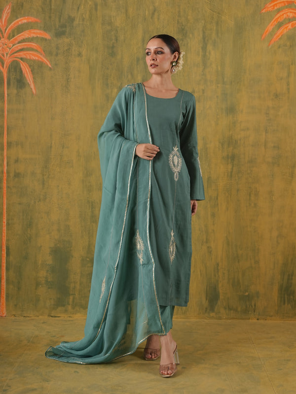 Rani Zoya Green Embroidered Silk Suit Set