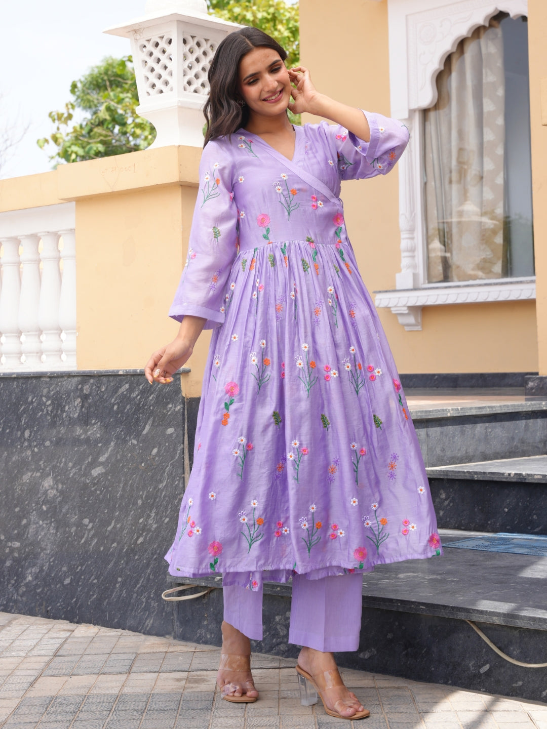 Lavender Daisy Chanderi Angrakha Kurta Set