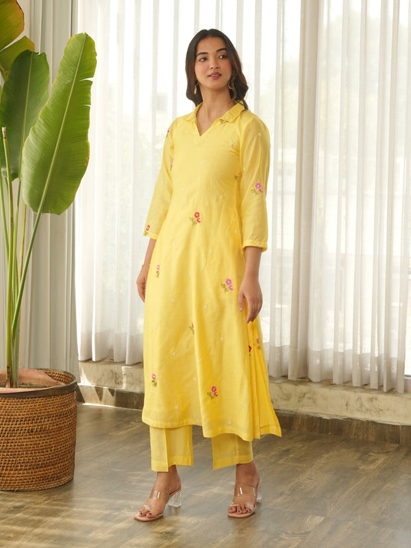 Lemon Yellow Embroidered Chanderi Kurta Set with Pants
