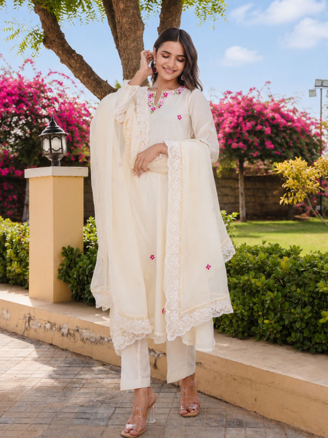 Off White Petal Handwork Chanderi A-Line Kurta Set