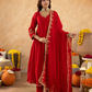 Red Hand Embroidered Chanderi Gathered Kurta Set with  Sequin Dupatta