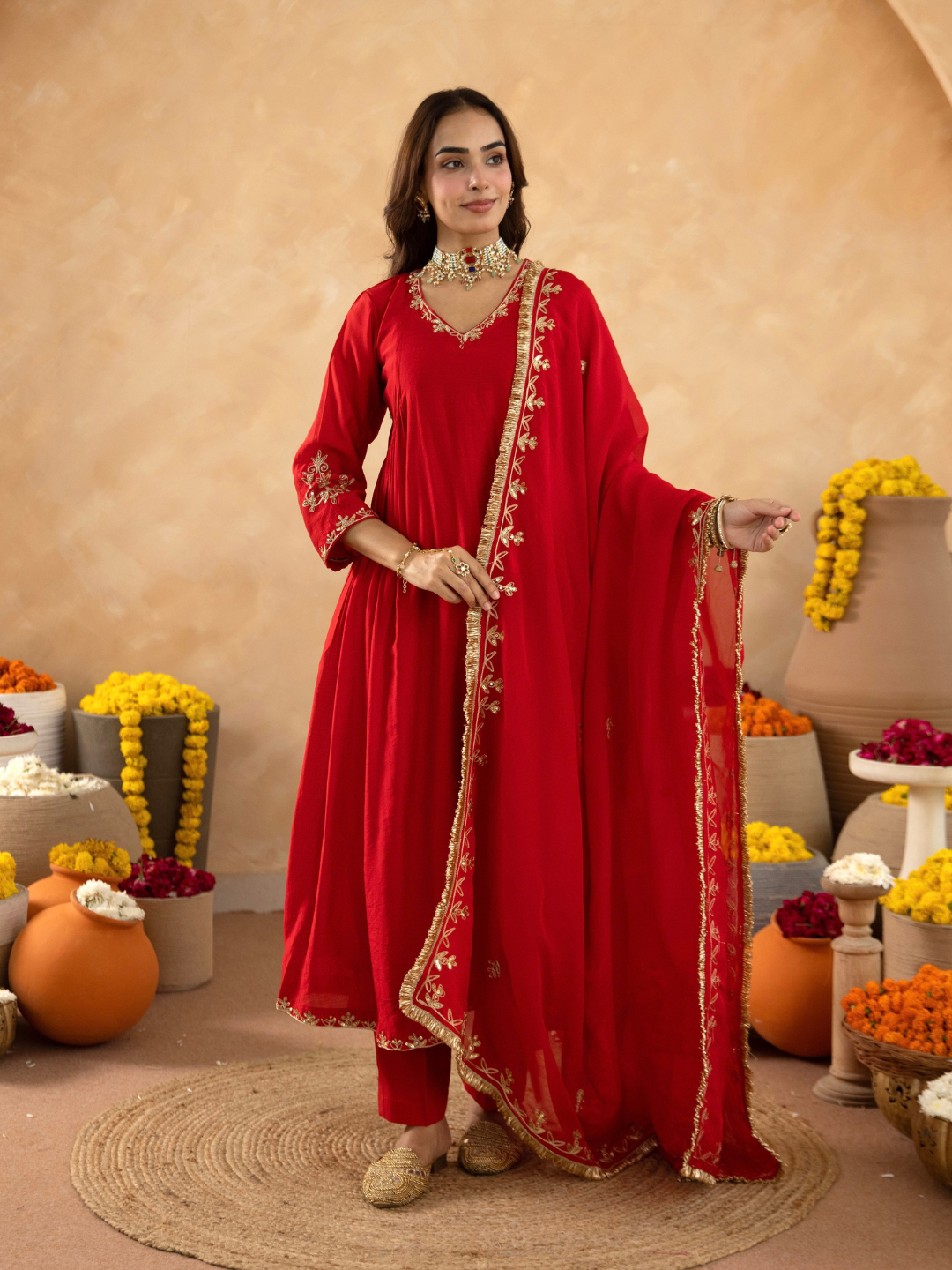 Red Hand Embroidered Chanderi Gathered Kurta Set with  Sequin Dupatta