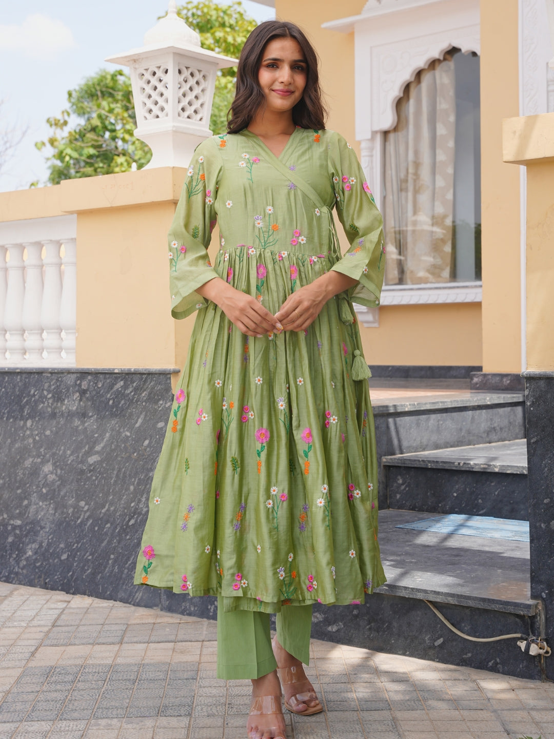 Pista Flora Chanderi Angrakha Kurta Set