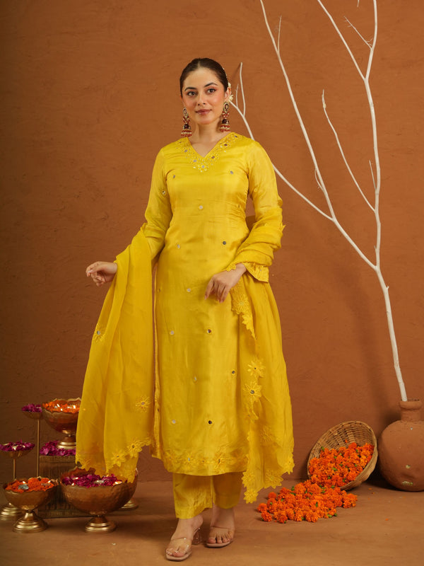 Hayaat Yellow Silk Mirrorwork Suit Set