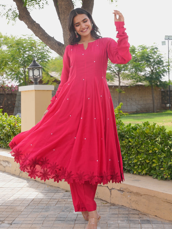 Ruby Bloom Floral Aari Work Chanderi Kurta Set