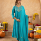 Cyan Blue Chanderi Aari & Handwork Gathered Kurta Set