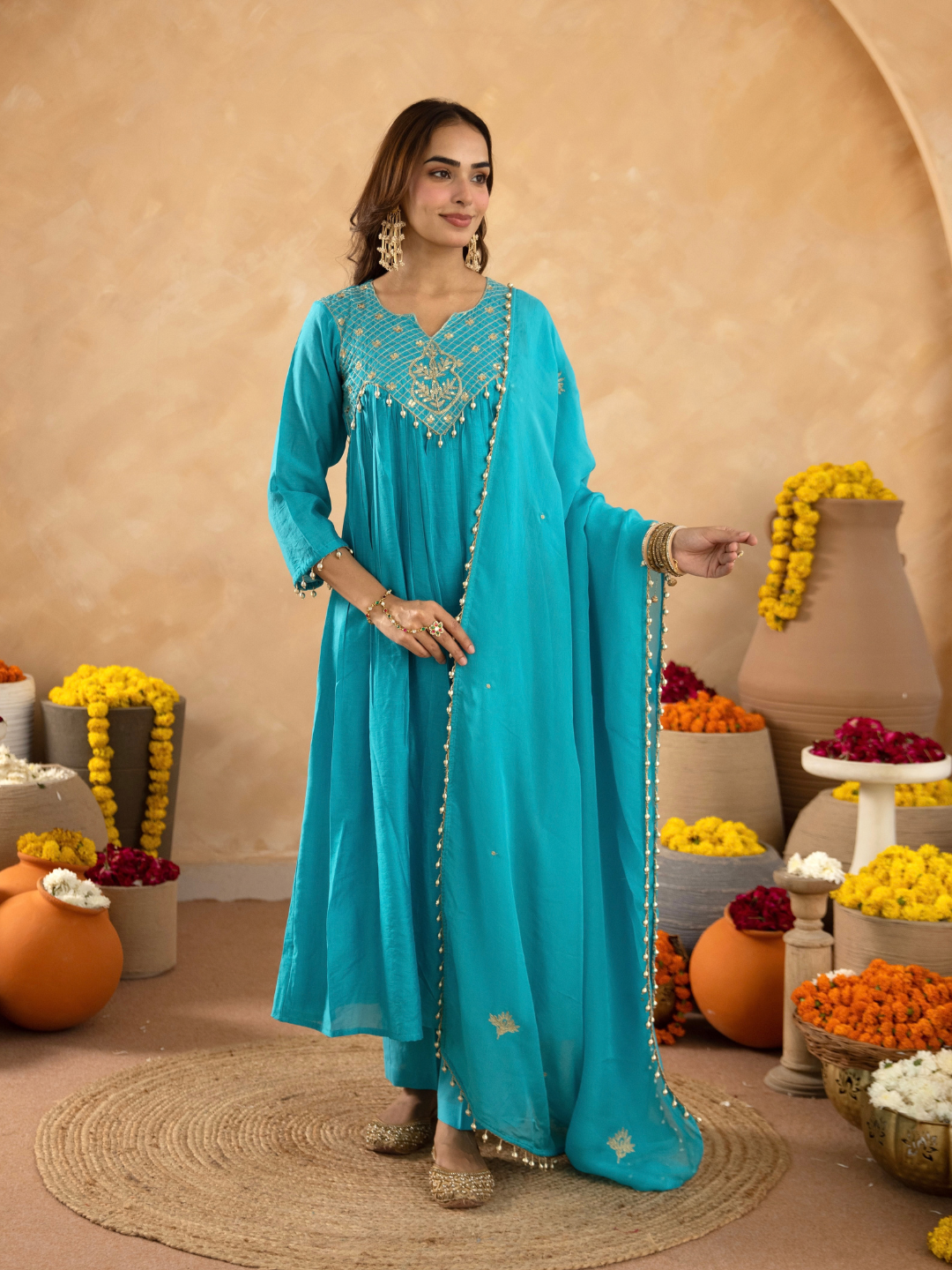 Cyan Blue Chanderi Aari & Handwork Gathered Kurta Set
